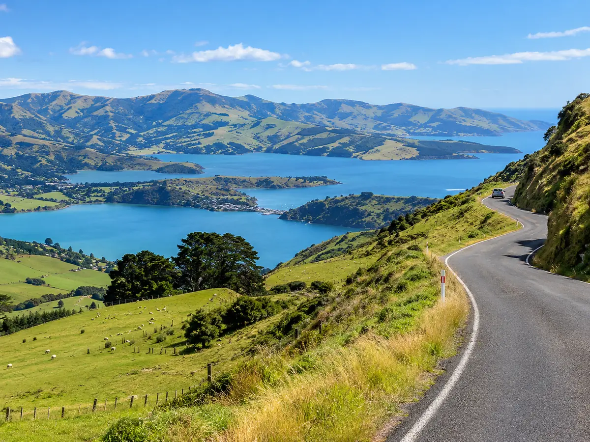 A winding road on the crater rim above Akaroa Harbour, Banks Peninsula
