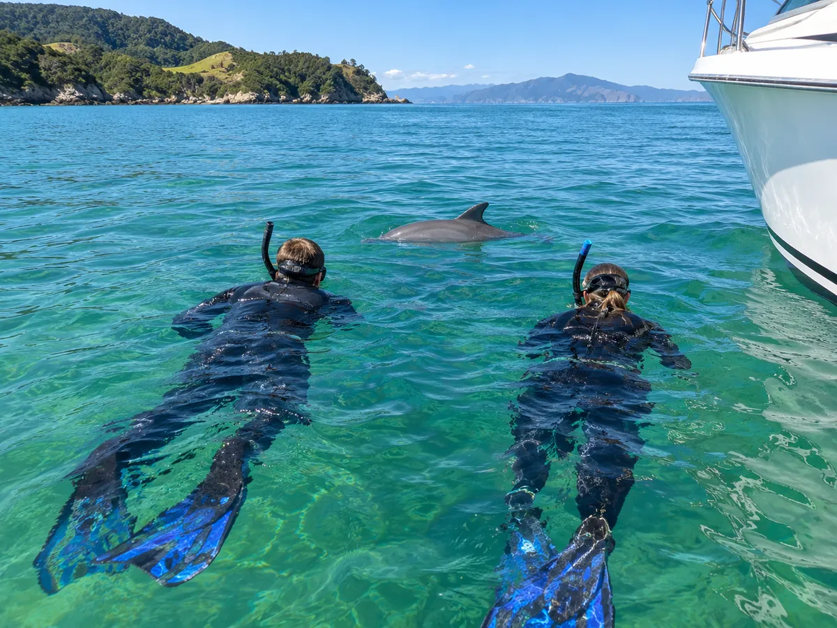 Snorkellers in black wetsuits floating at the surface with a Hector's dolphin nearby